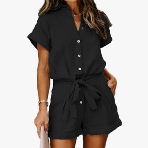 Black Textured Short Sleeve Button Down Belted Romper W/ Pockets- Size M